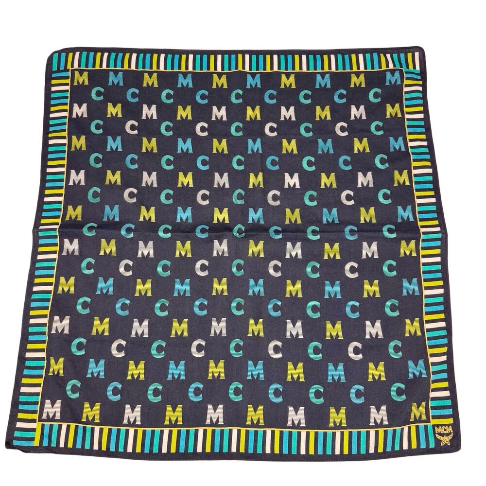 MCM Green Blue Striped Logo Square Accessories Scarf Lightweight Preppy Academia